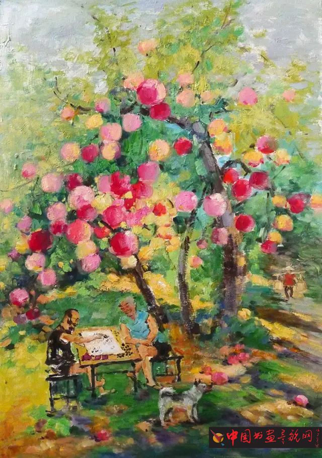 苹果树下之围棋 72x110cm 布面油画 2016[nextpage]