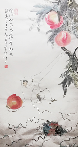 张焯作品《白猿献寿》规格：100cmX55cm.jpg