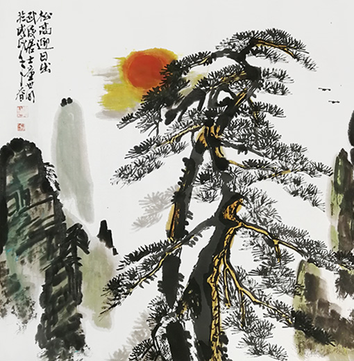 童世明作品《松高迎日出》规格：68cmx68cm 创作年代：2019年.jpg