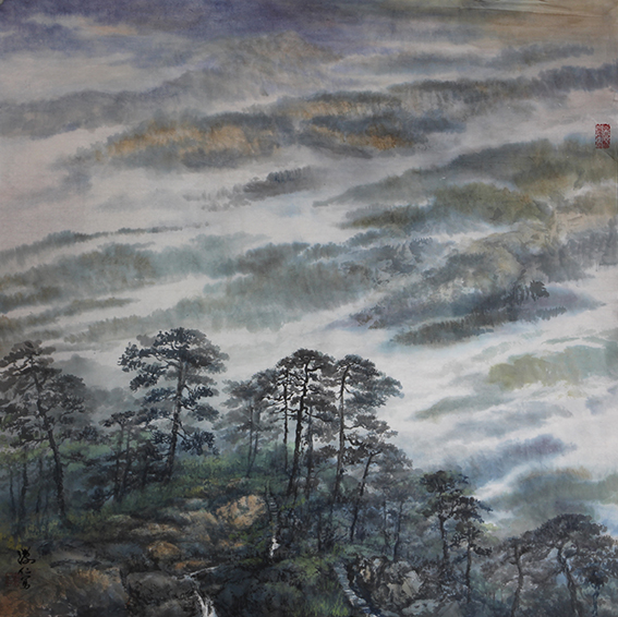 盛絜作品11《松涛雾蒙细雨景》规格：67cm×68cm.jpg