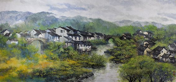 盛絜作品17《江边庄里有双桥》 005 规格：136cm×67cm.jpg